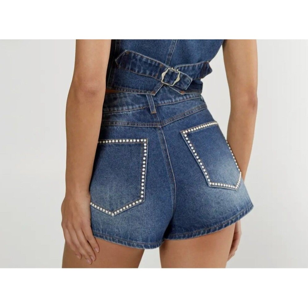 Nasty Gal Pearl Trim Denim Shorts Womens US 0 Blue High Rise Studded Y2K Western